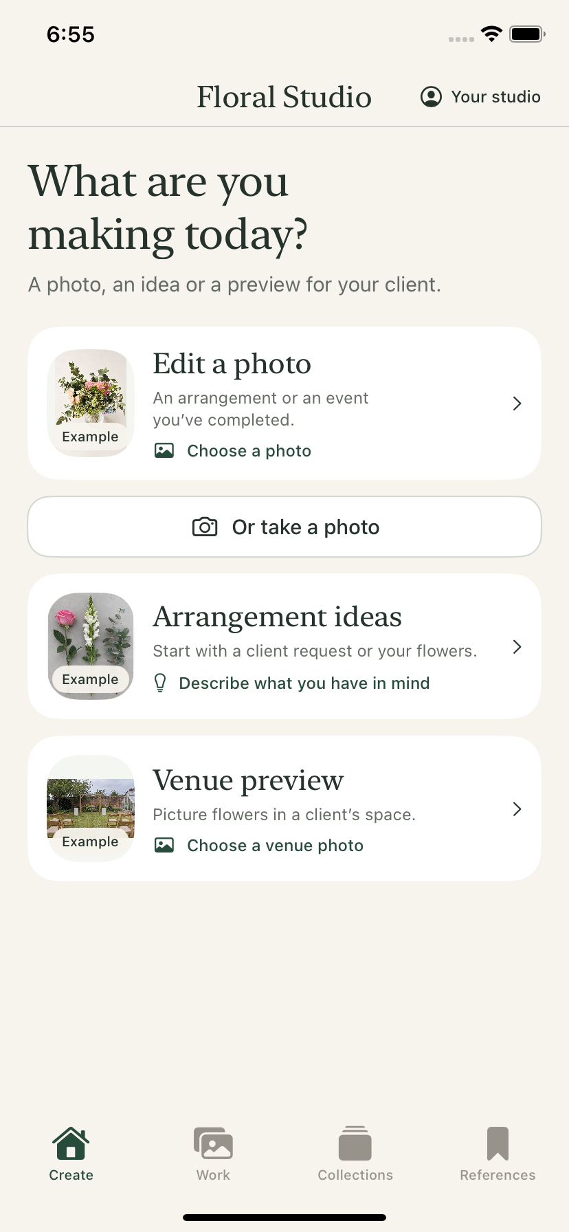 Create — A photo, an arrangement idea or a venue preview.