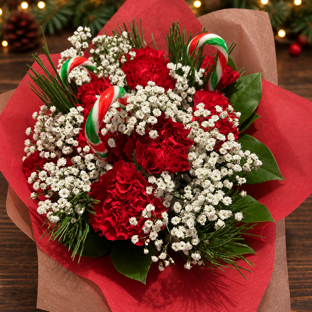 The bouquet after AI staging in the Holiday evergreen setting