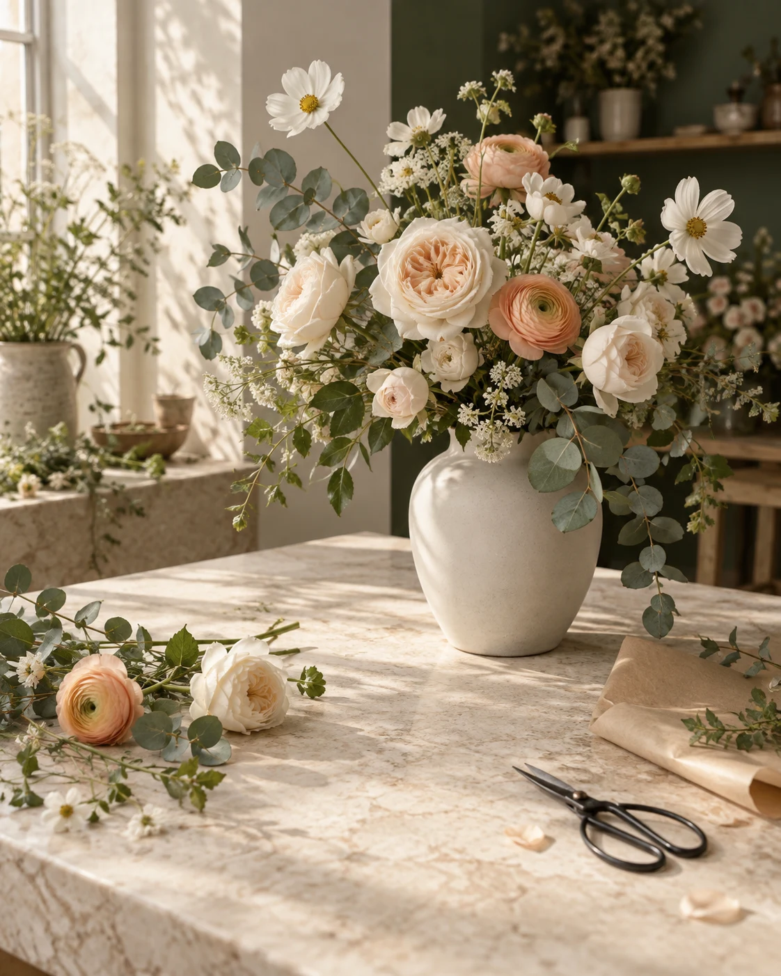 Cream and apricot bouquet on a florist workbench, AI-generated editorial image